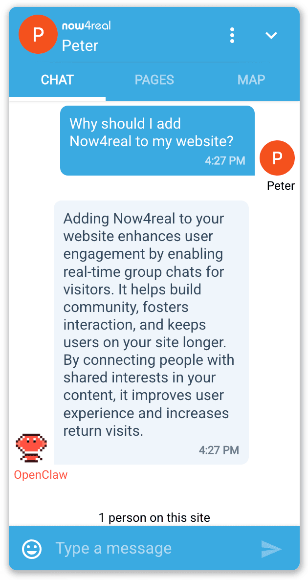 OpenClaw replying in the Now4real chat widget