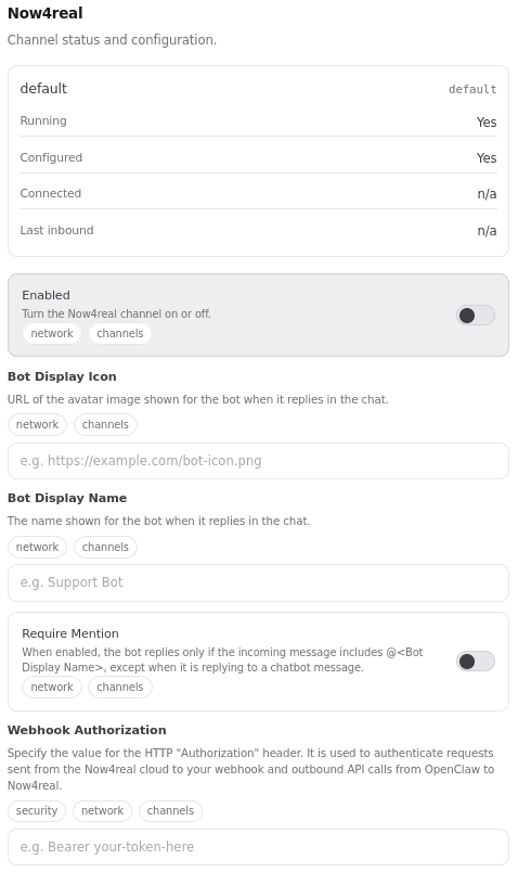 Now4real channel panel in OpenClaw