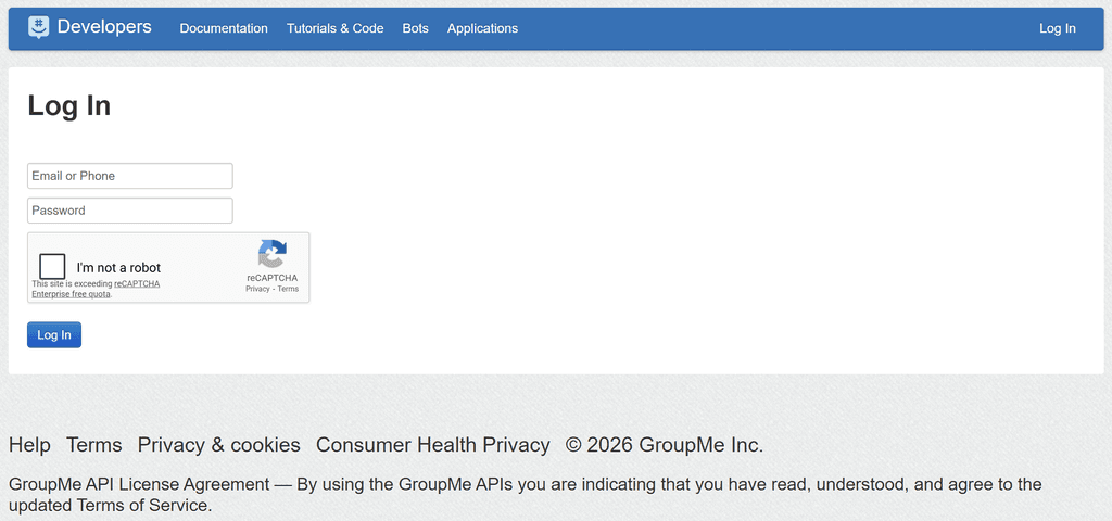 GroupMe developer portal login page